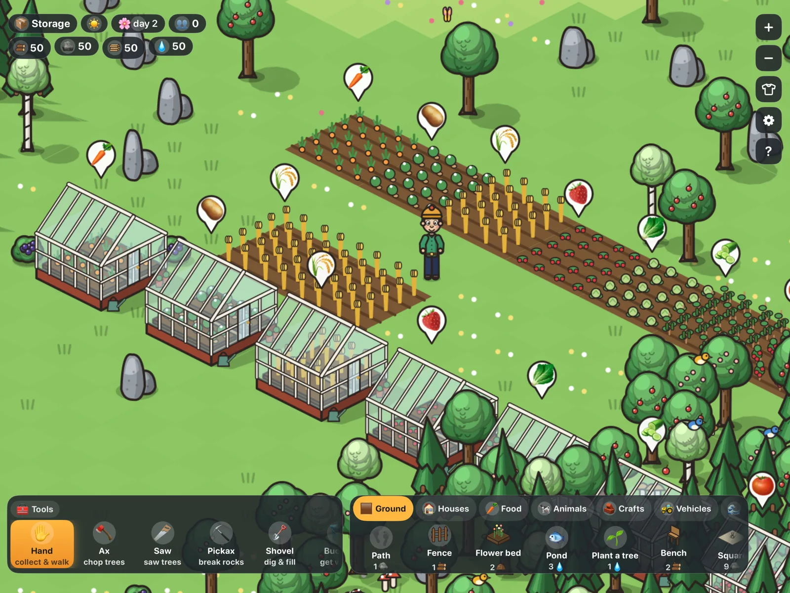 Fields and greenhouses with carrots, wheat, strawberries and tomatoes.