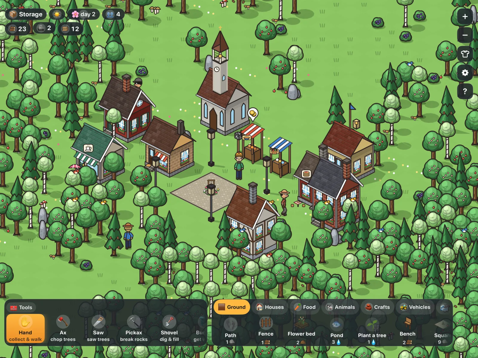 A village with a church, a square, houses and market stalls in the middle of a forest.