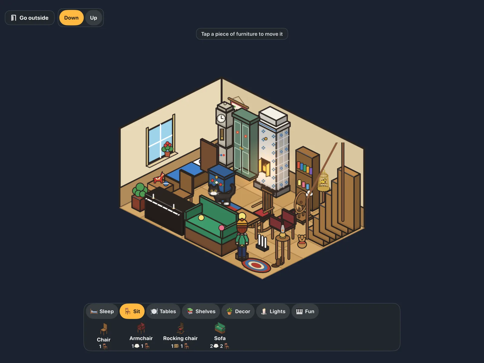 A furnished house with a tiled stove, a bed, a sofa and a birdcage.
